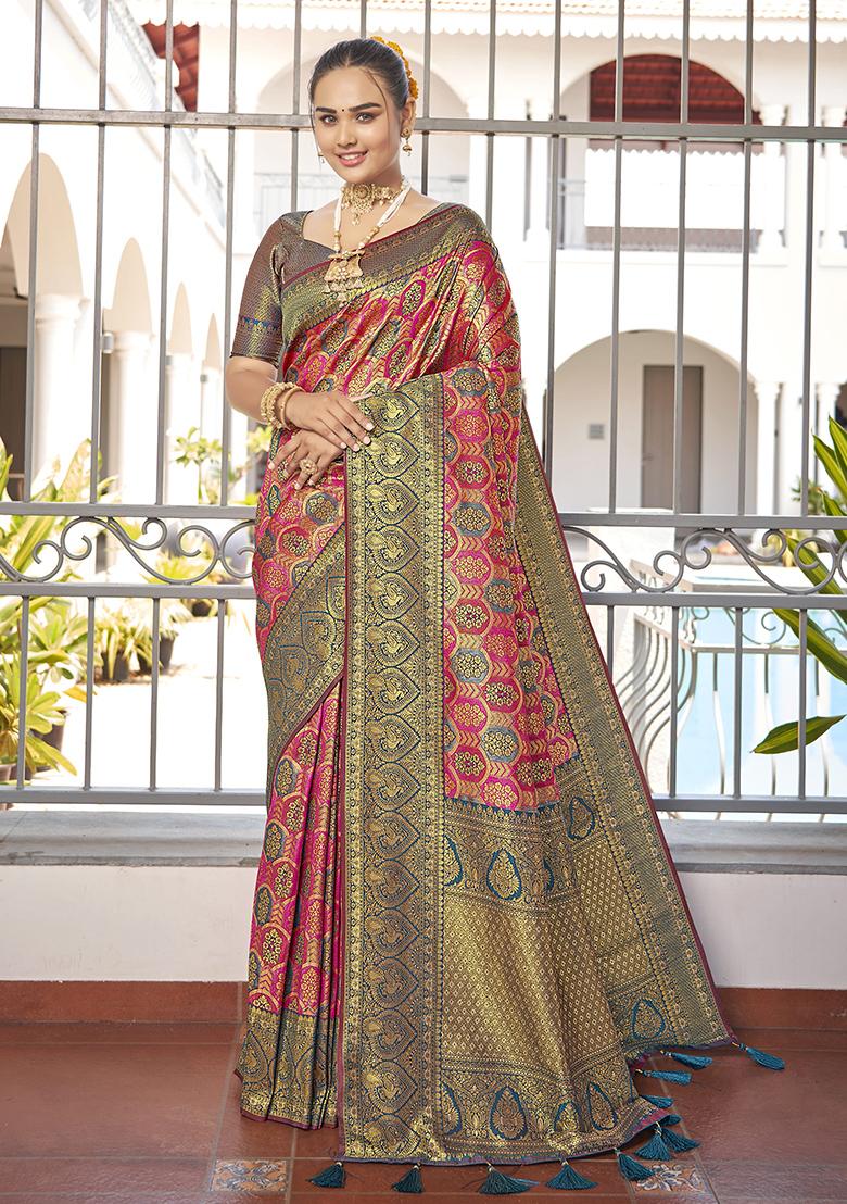 Pink Jacquard Banarasi Silk Saree Set