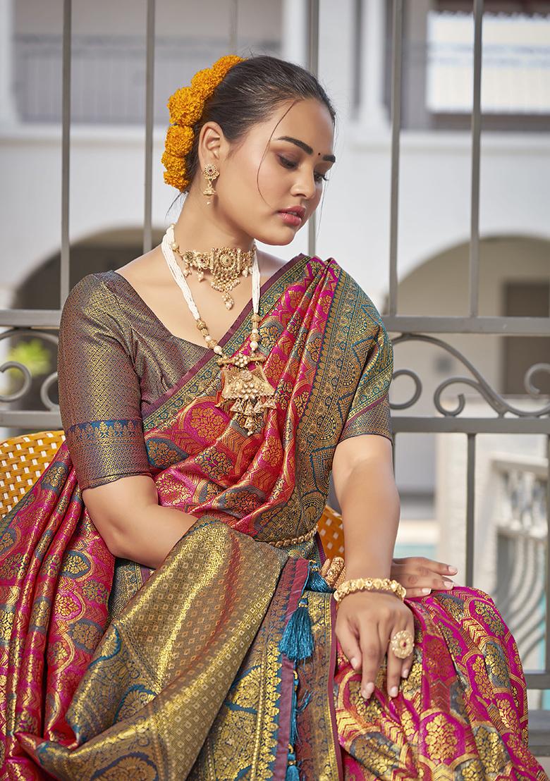 Pink Jacquard Banarasi Silk Saree Set