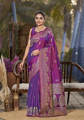 Purple Jacquard Banarasi Silk Saree Set