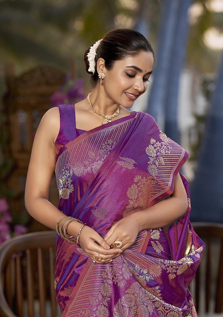 Purple Jacquard Banarasi Silk Saree Set