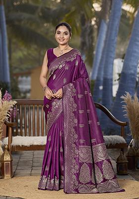 Purple Jacquard Banarasi Silk Saree Set