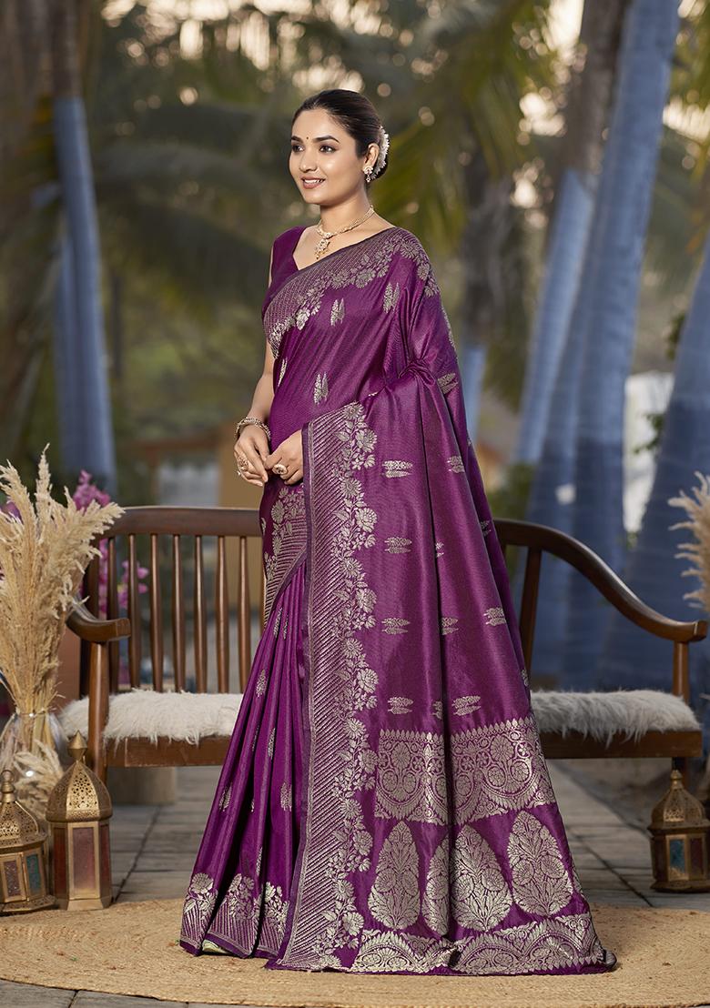 Purple Jacquard Banarasi Silk Saree Set