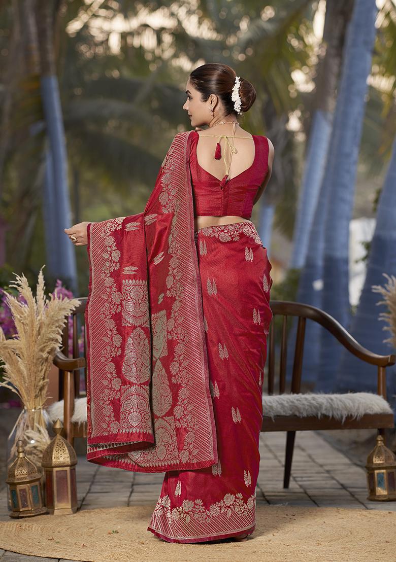 Red Jacquard Banarasi Silk Saree Set