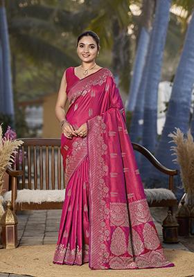 Pink Jacquard Banarasi Silk Saree Set