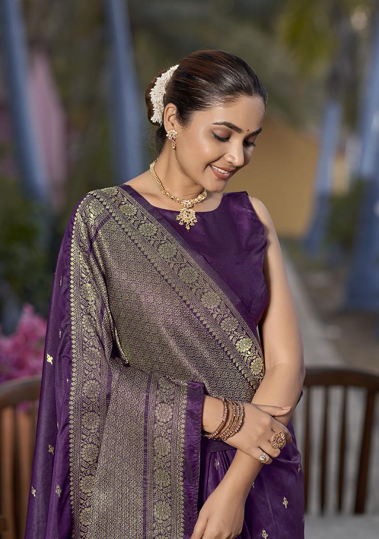 Purple Jacquard Banarasi Silk Saree Set