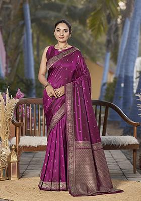 Purple Jacquard Banarasi Silk Saree Set