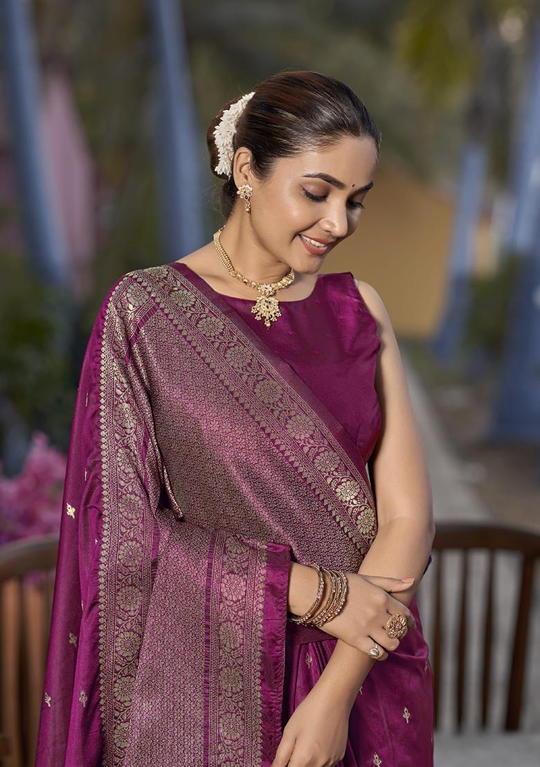 Purple Jacquard Banarasi Silk Saree Set