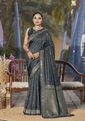 Grey Jacquard Banarasi Silk Saree Set