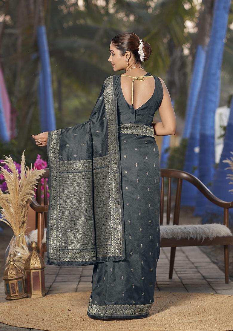 Grey Jacquard Banarasi Silk Saree Set