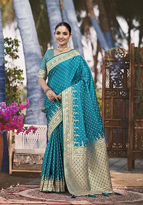 Turquoise Jacquard Banarasi Silk Saree Set