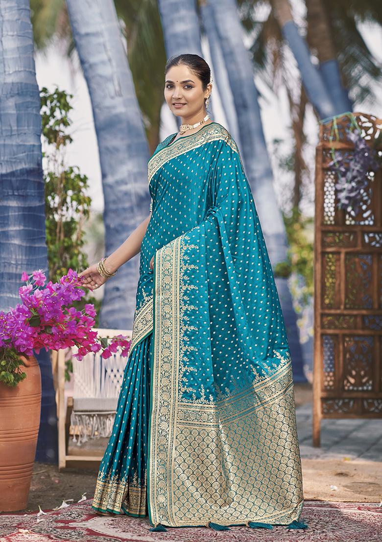 Turquoise Jacquard Banarasi Silk Saree Set