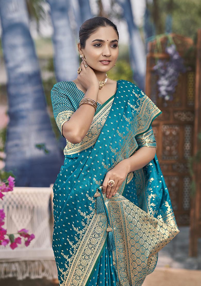 Turquoise Jacquard Banarasi Silk Saree Set