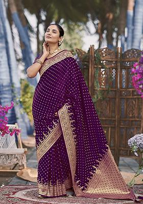 Purple Jacquard Banarasi Silk Saree Set