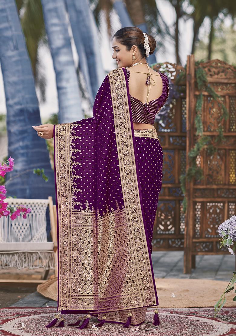 Purple Jacquard Banarasi Silk Saree Set