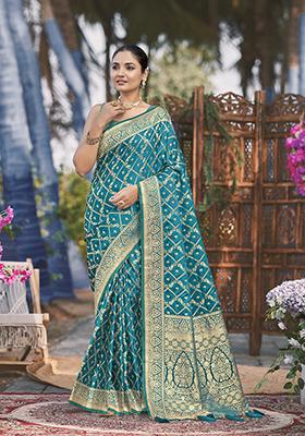 Turquoise Jacquard Banarasi Silk Saree Set