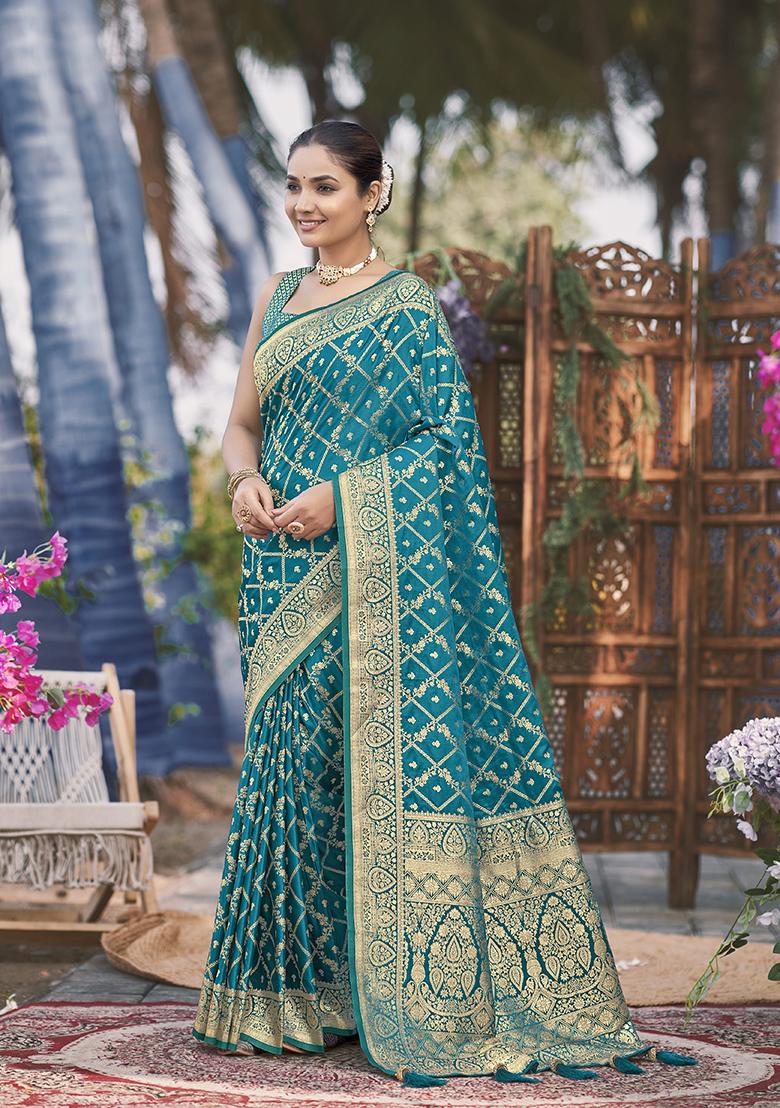 Turquoise Jacquard Banarasi Silk Saree Set
