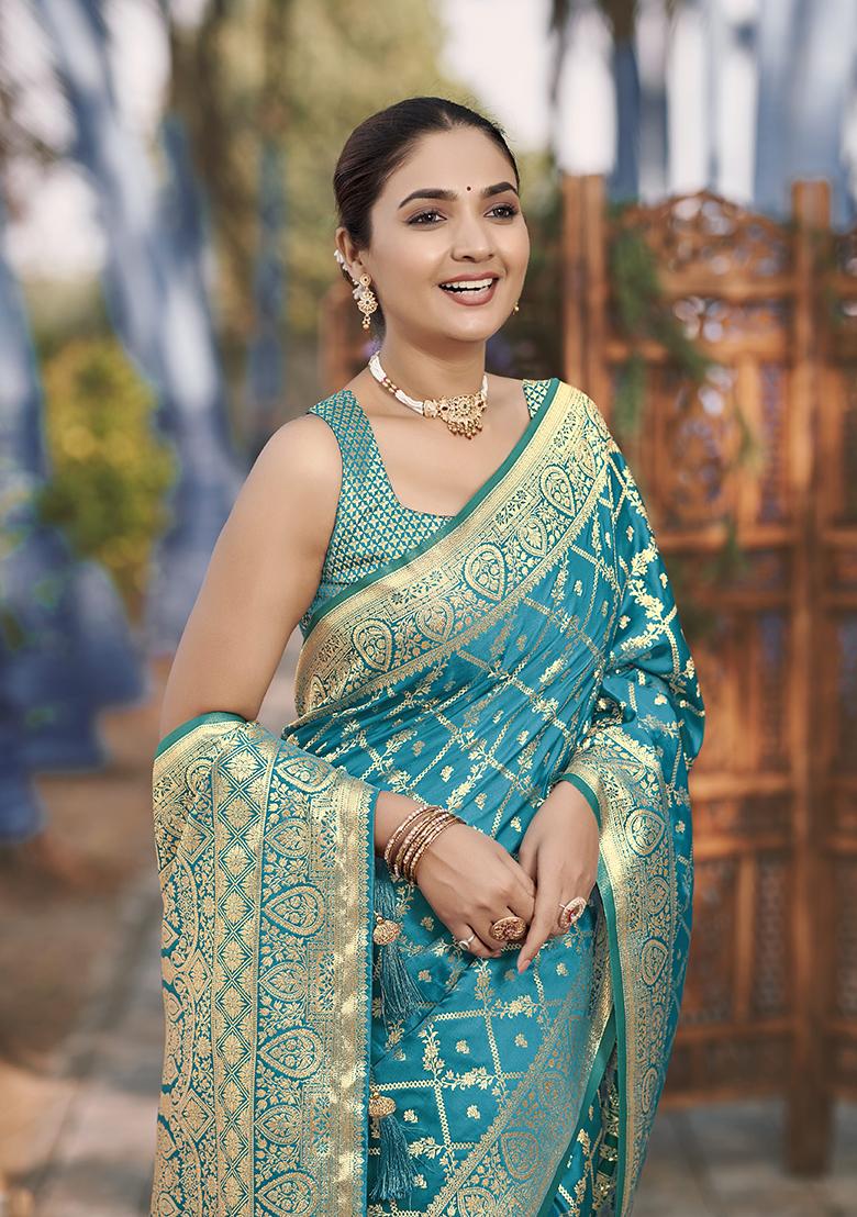 Turquoise Jacquard Banarasi Silk Saree Set