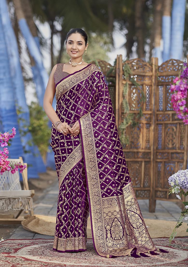 Purple Jacquard Banarasi Silk Saree Set
