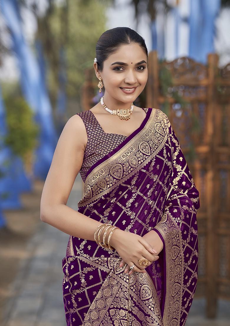 Purple Jacquard Banarasi Silk Saree Set