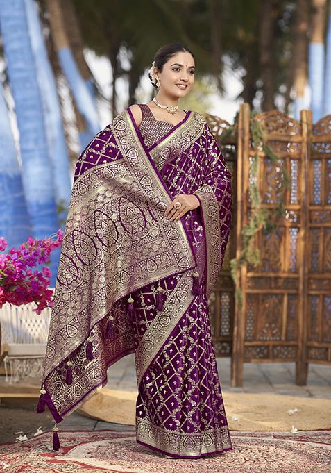 Purple Jacquard Banarasi Silk Saree Set