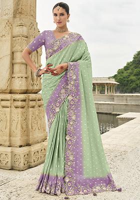 Sea Green Embroidered Silk Saree Set