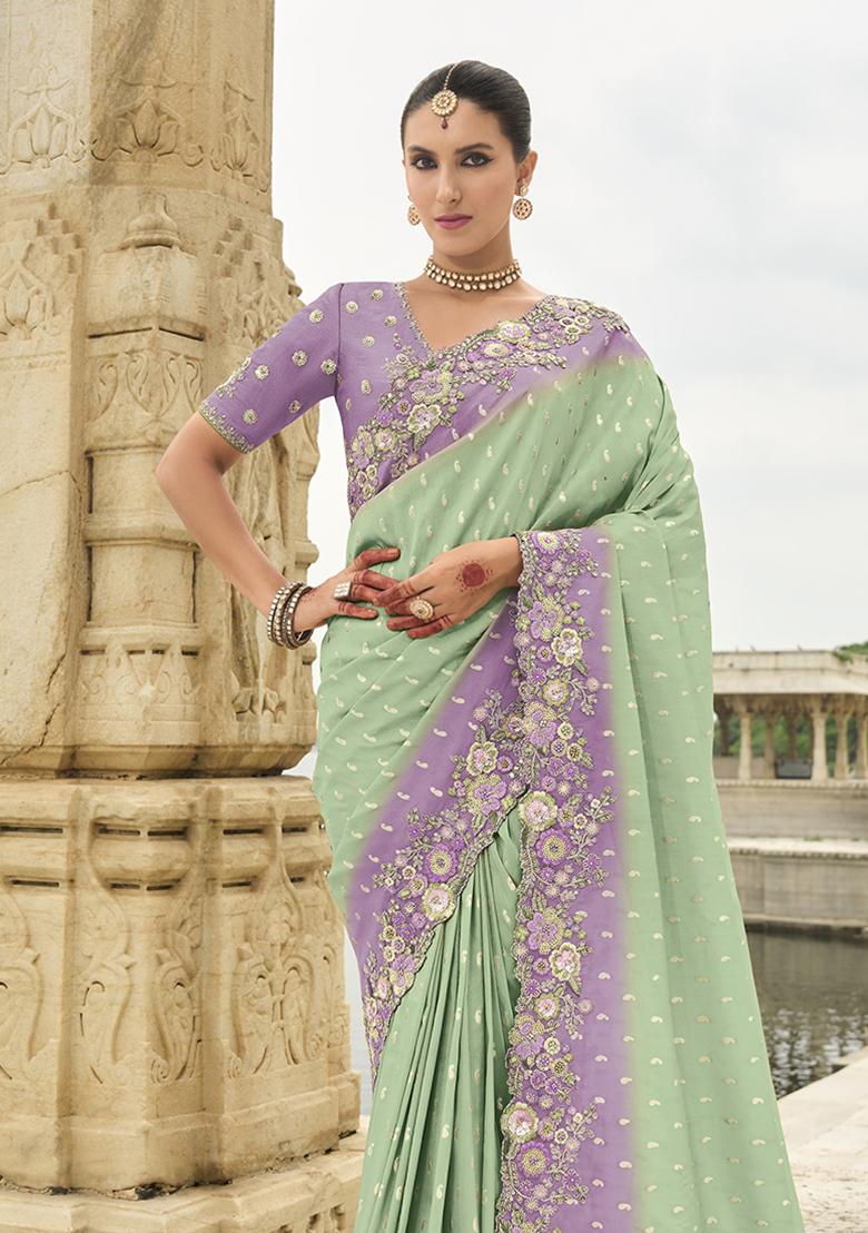 Sea Green Embroidered Silk Saree Set