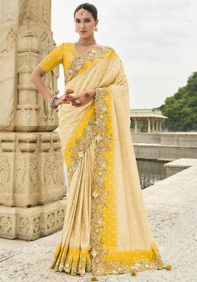 Cream Embroidered Silk Saree Set