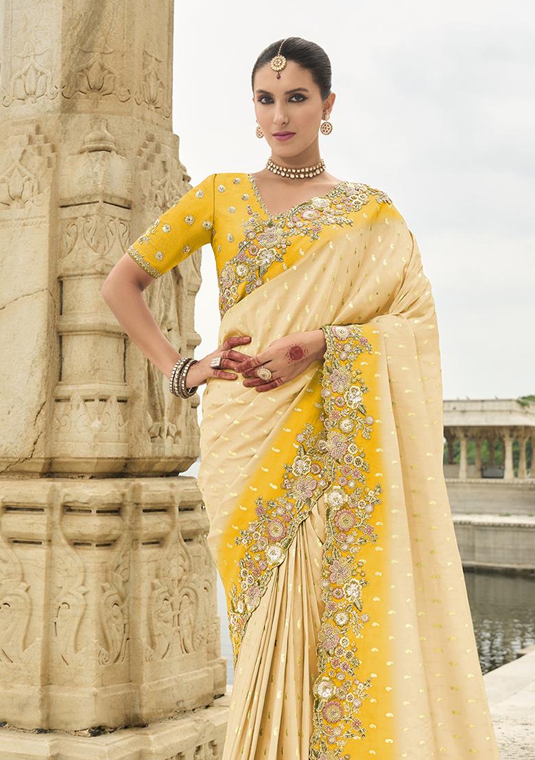 Cream Embroidered Silk Saree Set