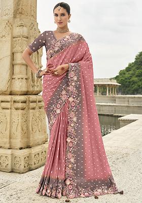 Pink Embroidered Silk Saree Set