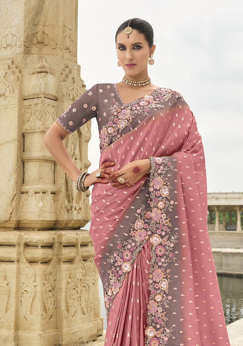 Pink Embroidered Silk Saree Set