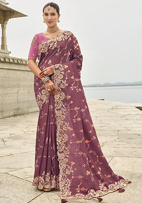 Wine Embroidered Silk Saree Set