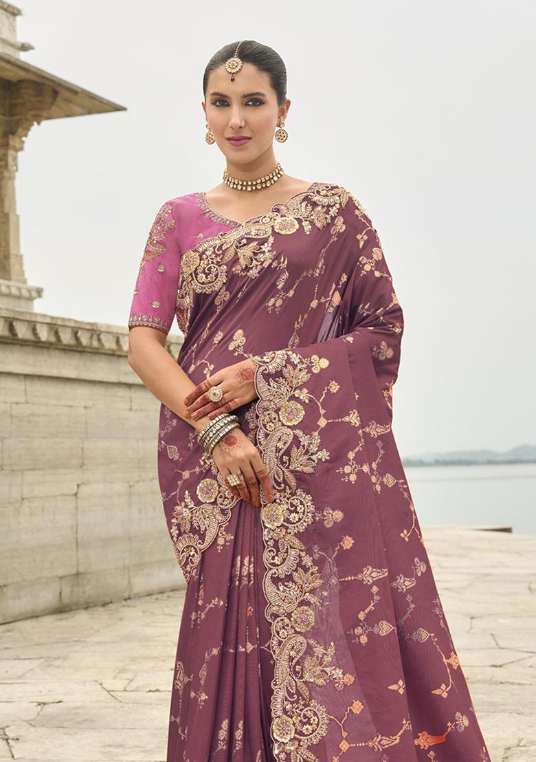 Wine Embroidered Silk Saree Set