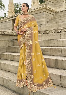 Yellow Embroidered Silk Saree Set