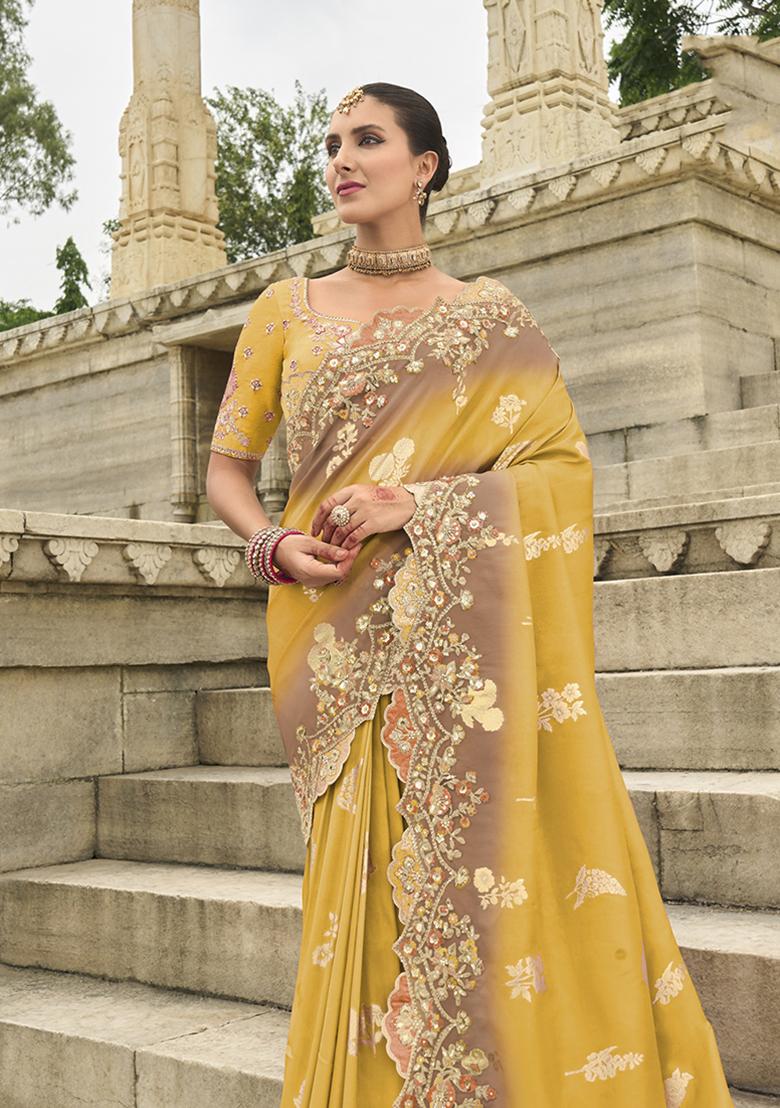 Yellow Embroidered Silk Saree Set