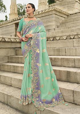 Turquoise Embroidered Silk Saree Set