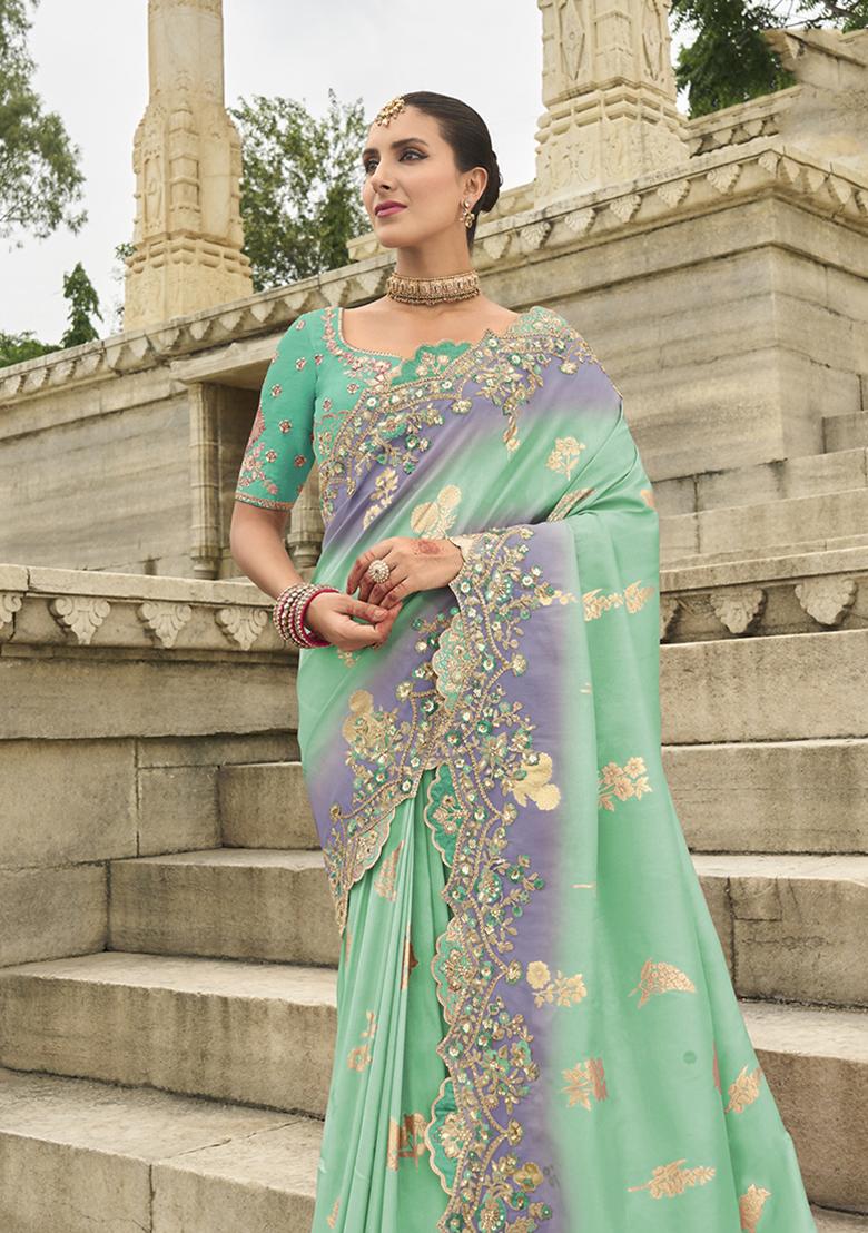 Turquoise Embroidered Silk Saree Set