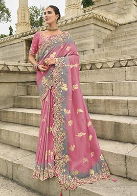 Pink Embroidered Silk Saree Set