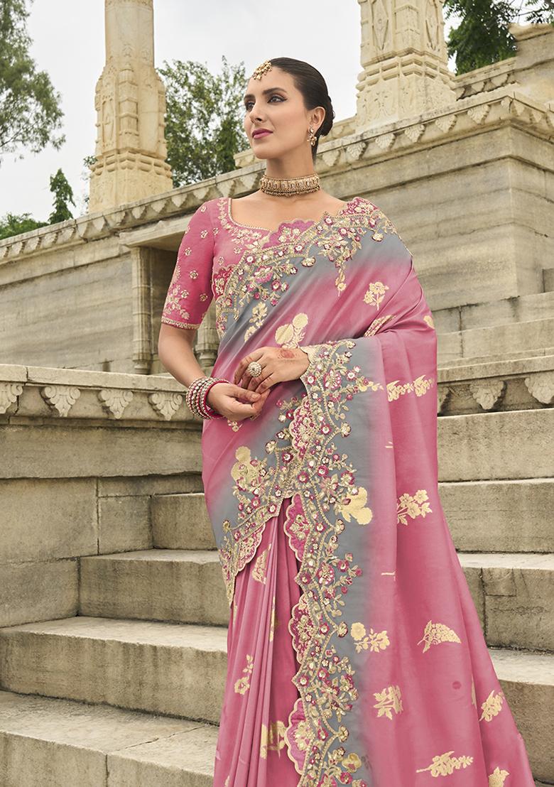 Pink Embroidered Silk Saree Set