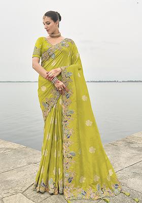 Green Embroidered Silk Saree Set