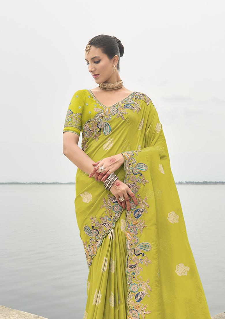 Green Embroidered Silk Saree Set