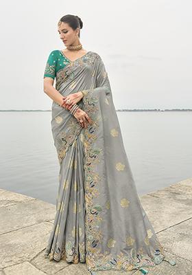 Grey Embroidered Silk Saree Set