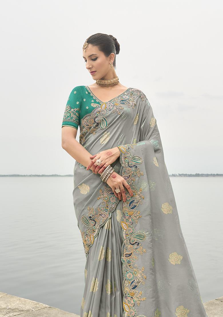 Grey Embroidered Silk Saree Set