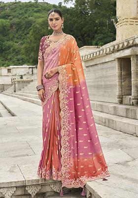 Pink Embroidered Silk Saree Set