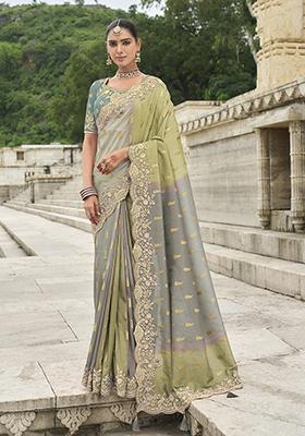 Green Embroidered Silk Saree Set