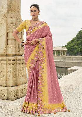 Pink Embroidered Silk Saree Set