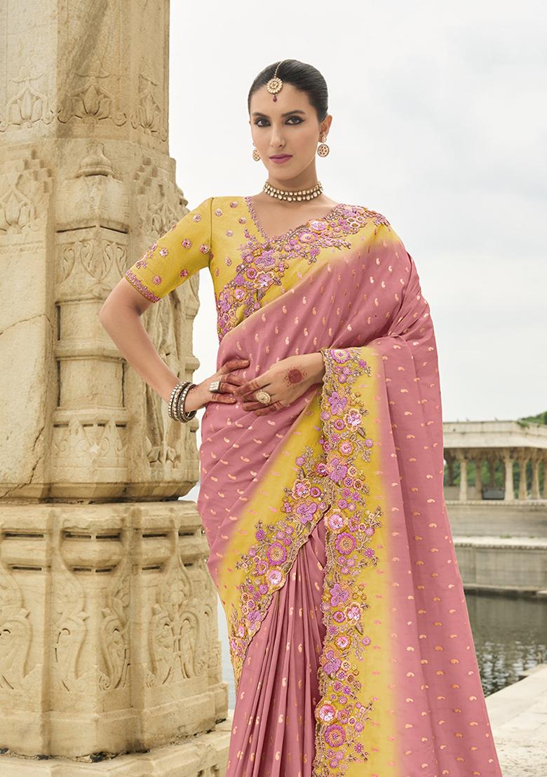 Pink Embroidered Silk Saree Set