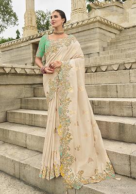 Off White Embroidered Silk Saree Set
