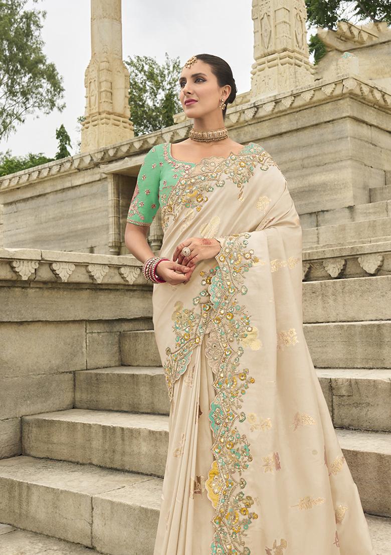 Off White Embroidered Silk Saree Set