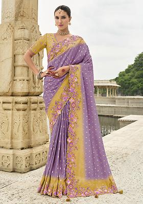 Lavender Embroidered Silk Saree Set