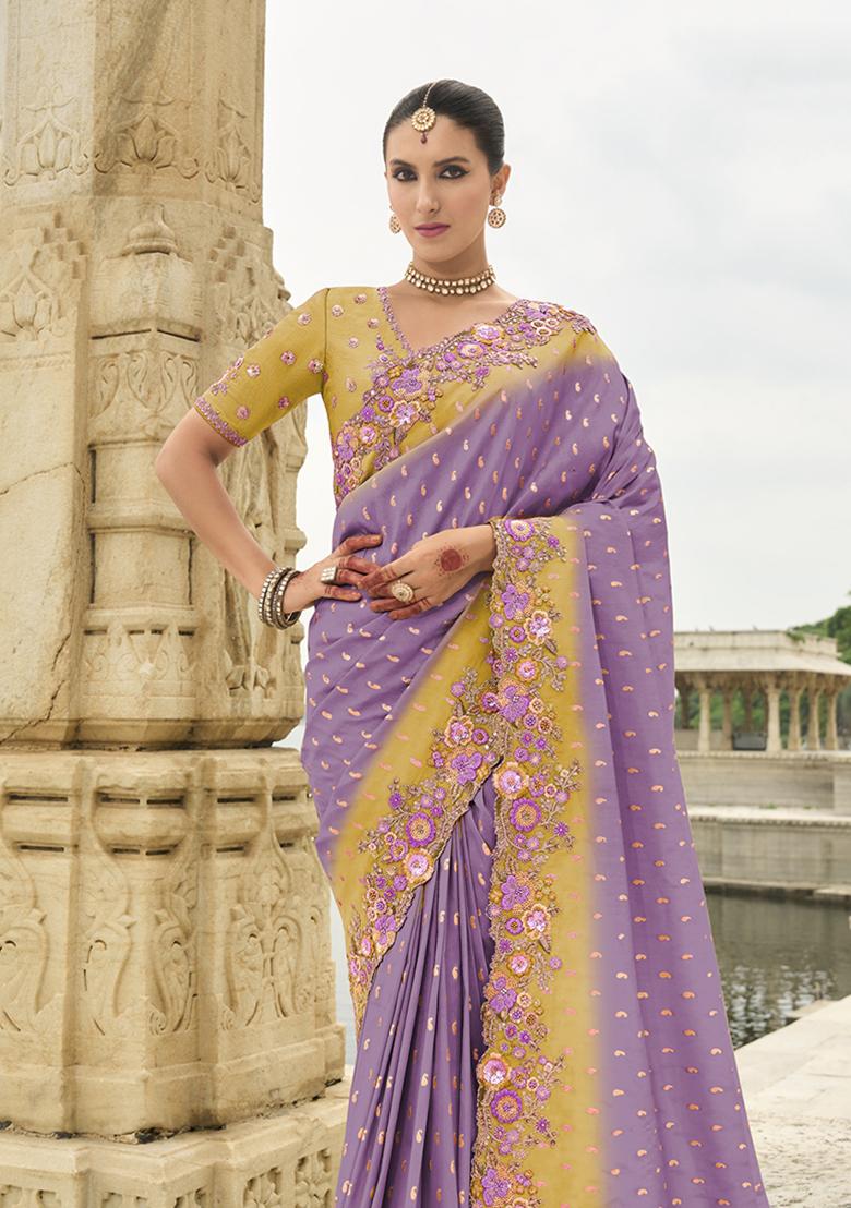 Lavender Embroidered Silk Saree Set